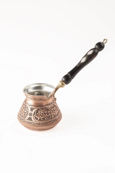 6 kişilik Gaziantep Bakırdan El Ağır İşlemeli Sedef kulplu Türk Kahve Cezvesi Kalay Kaplama - 3