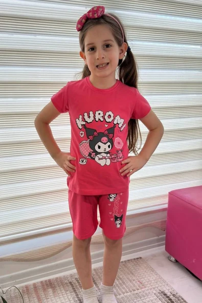 Pembe Kuromi Kısa Kollu Şortlu Çizgi Karakter Baskılı Kız Çocuk 2li Takım ürün görseli 1