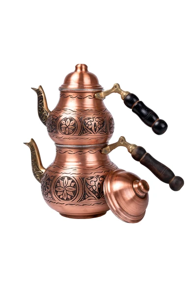DMT Gaziantep Bakır Çaydanlık Takımı AĞIR İşlemeli  Alt:12 cm üst:9cm Toplam:1,5lt Ahşap kulp