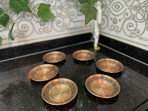 Gaziantep Bakır Çay Tabağı EL İŞLEMESİ 6'LI 1.SINIF ÖZEL BAKIR