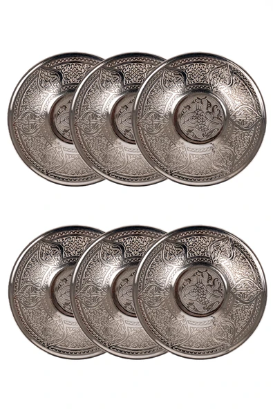 DMT COPPER HOME Gaziantep Bakır Çay Tabağı Osmanlı Tuğra işlemeli 6'LI