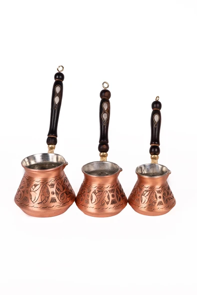 DMT Gaziantep Bakırdan El Ağır işlemeli Sedef işlemeli kulplu kahve cezve takımı (3’lü)