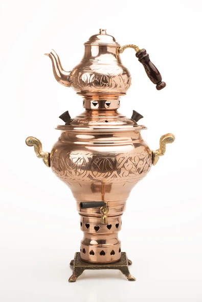 DMT Gaziantep Bakır El işlemeli Kömürlü Bakır Semaver yük:55 cm kalınlık:0,10mm 3 litre kapasiteli