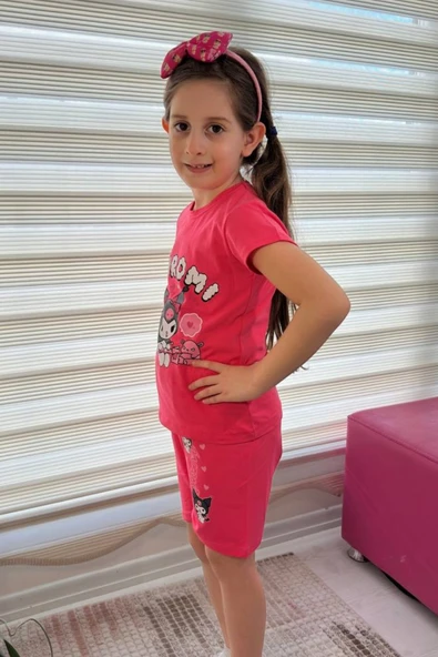 Pembe Kuromi Kısa Kollu Şortlu Çizgi Karakter Baskılı Kız Çocuk 2li Takım - 2