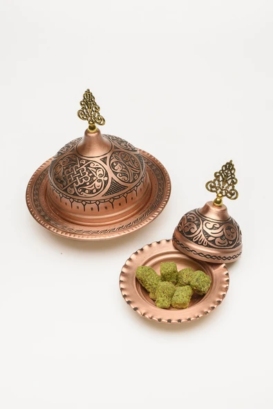 GAZİANTEP BAKIR 14 CM-12 CM EL İŞLEMESİ 1.SINIF ÖZEL KAHVE YANI SUNUMLUK LOKUMLUK-ÇEREZLİK 2'Lİ SETİ - 2