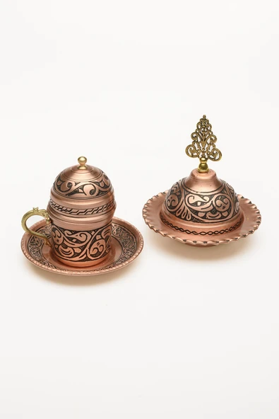 Gaziantep Bakırdan KOMPLE EL İŞLEMESİ 1.SINIF Tek Kişilik Türk Kahve Fincan Takımı 25 cm TEPSİLİ - 3