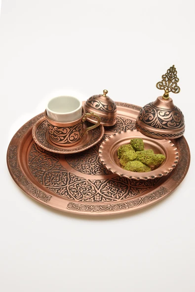 Gaziantep Bakırdan KOMPLE EL İŞLEMESİ 1.SINIF Tek Kişilik Türk Kahve Fincan Takımı 25 cm TEPSİLİ - 2