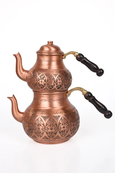 DMT Gaziantep Bakır Çaydanlık Takımı AĞIR İşlemeli boy:26cm Alt 16cm üst 12cm çap PAPATYA MODELİ.