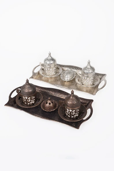 DMT Gaziantep Bakır Döküm Antik Bakır Fincan takımı 4 kişilik (tepsi 27 cm)