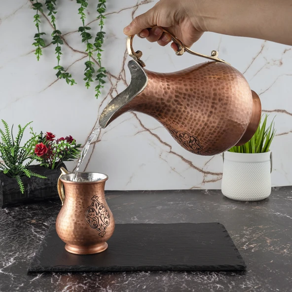 Dmt Copper Gaziantep Bakır El Dövmesi Işlemeli Otantik Sürahi-Bardak Seti (OTANTİK KUTULU)Hediyelik