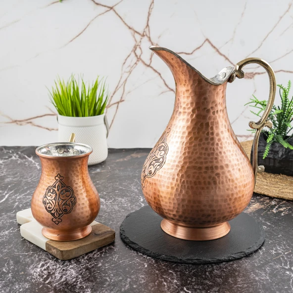 Dmt Copper Gaziantep Bakır El Dövmesi Işlemeli Otantik Sürahi-Bardak Seti (OTANTİK KUTULU)Hediyelik - 4