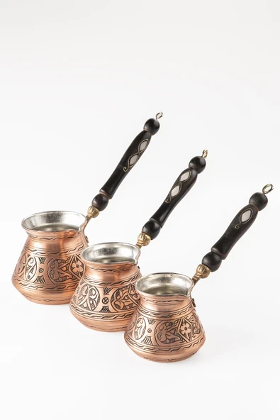 DMT HOME Gaziantep Bakırdan El Ağır İşlemeli Sedef kulplu Türk Kahve Cezvesi Kalay Kaplama 3'Lü Seti - 2