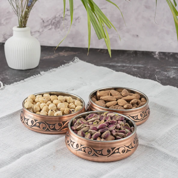 Dmt Gaziantep Bakır Kahvaltı Tabağı Seti Kahvaltı Kasesi Çerezlik Seti El Işlemesi(KUTULU-TEPSİLİ) Çap:11 Cm