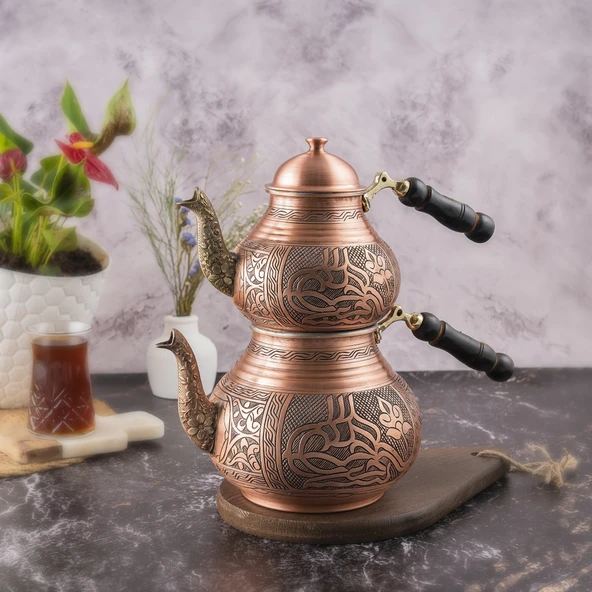 DMT COPPER Gaziantep Bakır Çaydanlık Takımı AĞIR El İşlemeli TUĞRA MODELİ