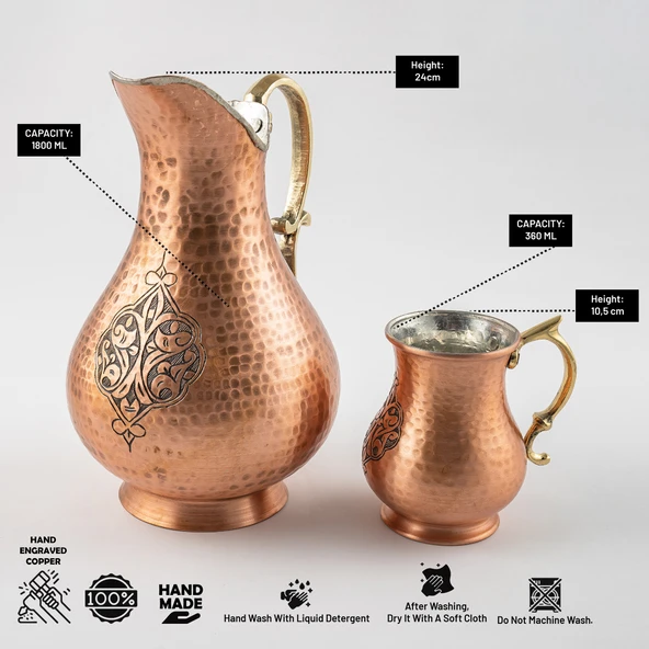 Dmt Copper Gaziantep Bakır El Dövmesi Işlemeli Otantik Sürahi-Bardak Seti (OTANTİK KUTULU)Hediyelik - 2