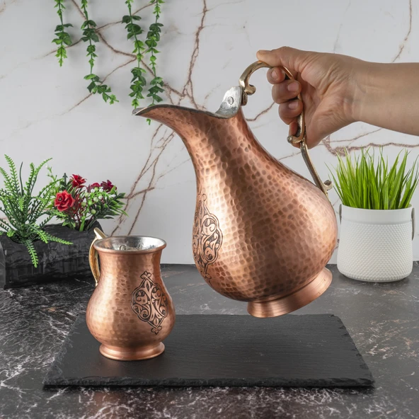 Dmt Copper Gaziantep Bakır El Dövmesi Işlemeli Otantik Sürahi-Bardak Seti (OTANTİK KUTULU)Hediyelik - 5