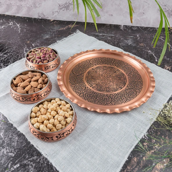 Dmt Gaziantep Bakır Kahvaltı Tabağı Seti Kahvaltı Kasesi Çerezlik Seti El Işlemesi(KUTULU-TEPSİLİ) Çap:11 Cm - 6