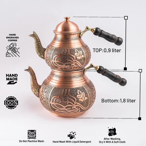 DMT COPPER Gaziantep Bakır Çaydanlık Takımı AĞIR El İşlemeli TUĞRA MODELİ - 4