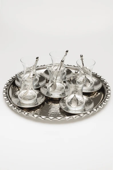 Gaziantep Bakır El Dövmesi Çay Seti Takımı&Çay Sunum Seti Bakır Tepsili 6 kişilik(6 BARDAK HEDİYELİ)