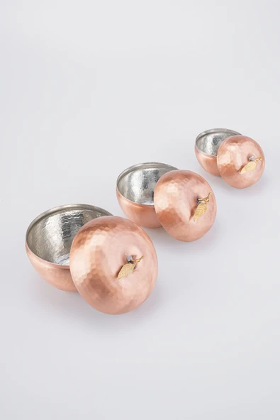 EL İŞİ BAKIR BAHARAT TAKIMI 3 LÜ ELMA MOTİF  EL DÖVMESİ DEKORATİF Yükseklik  1=6,5cm 2=8,5c 3=10,5cm