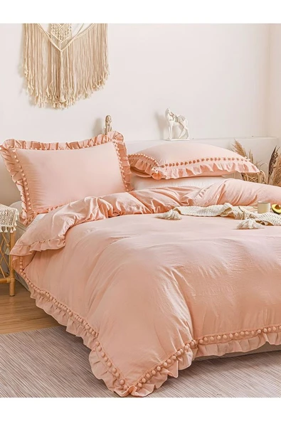 fırfırlı ponponlu pembe renk pamuk saten nevresim takımı