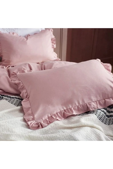 Pembe Fırfırlı Pamuk Saten Ikili Yastık Kılıfı