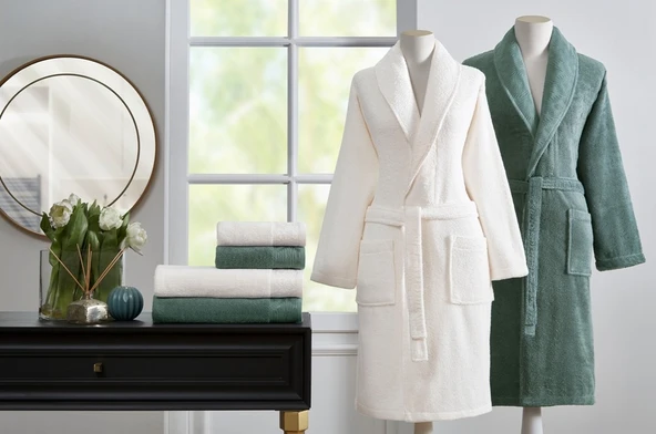 Özdilek Lirio Aile Bornoz Seti Koyu Yeşil Krem - Resim 2