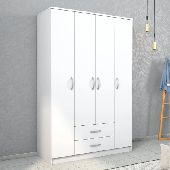 Nisa 4 Kapılı 2 Çekmeceli 10 Raflı Geniş Gardrop Beyaz - GRD1001