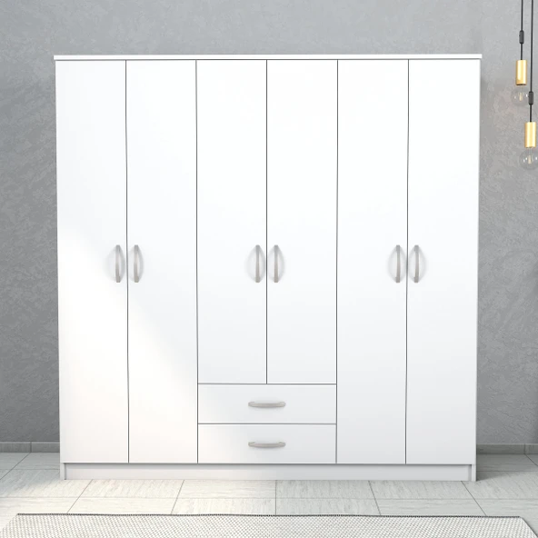 Nisa 6 Kapılı 2 Çekmeceli 7 Raflı Geniş Gardrop Beyaz - GRD1101 - 2