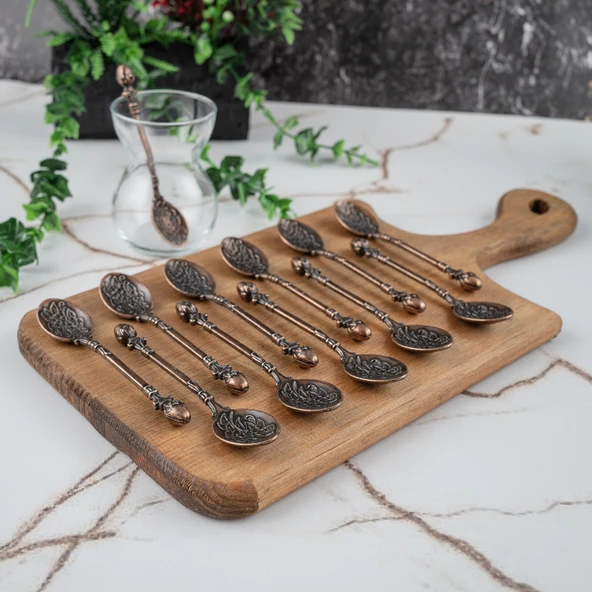 Gaziantep Gül Motifli Çay Kaşığı Seti 12'lı Adet BAKIR Renk Zamak Topuz Başlı - 4