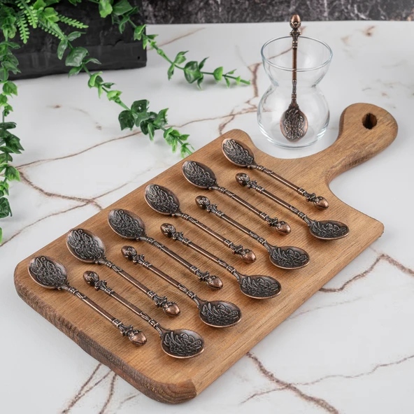 Gaziantep Gül Motifli Çay Kaşığı Seti 12'lı Adet BAKIR Renk Zamak Topuz Başlı - 3