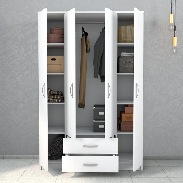 Nisa 4 Kapılı 2 Çekmeceli 10 Raflı Geniş Gardrop Beyaz - GRD1001 - 3