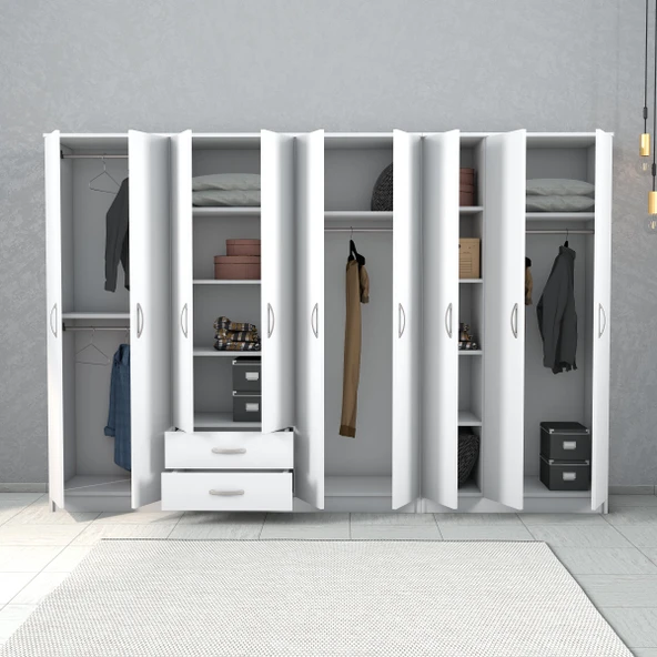 Nisa 9 Kapılı 2 Çekmeceli 13 Raflı Geniş Gardrop Beyaz - GRD1301 - 3