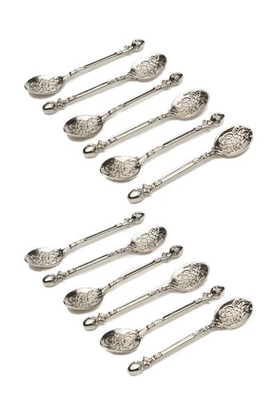 Gaziantep Gül Motifli Çay Kaşığı Seti 12'lı Adet Gümüş Renk Zamak Topuz Başlı