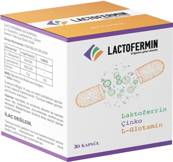 Lactofermin 30 kapsül- Lactoferrin- L glutamin- Çinko içeren takviye edici gıda destek ürünü