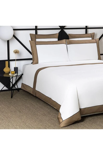 Çift Kişilik Pamuk Saten Nevresim Takımı Açık Kahve Beyaz
