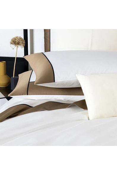 Çift Kişilik Pamuk Saten Nevresim Takımı Açık Kahve Beyaz - 4