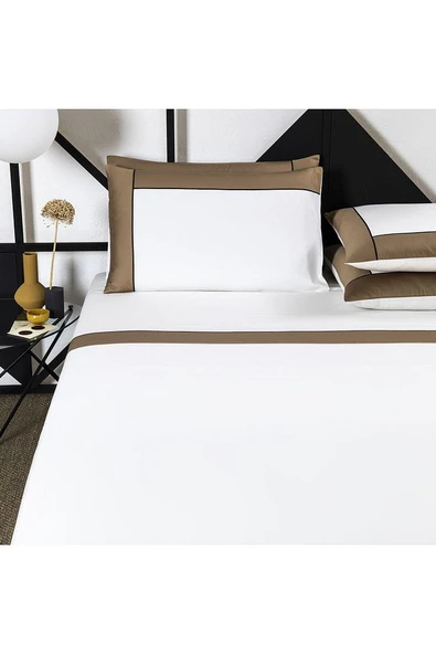 Çift Kişilik Pamuk Saten Nevresim Takımı Açık Kahve Beyaz - 3