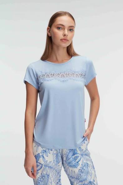 MAN9885 Anıl 9885 Kısa Kol Bisiklet Yaka Kadın Viskon Çiçek Desenli Yazlık ÖRME Dantel Detaylı Pijama Takımı - 6