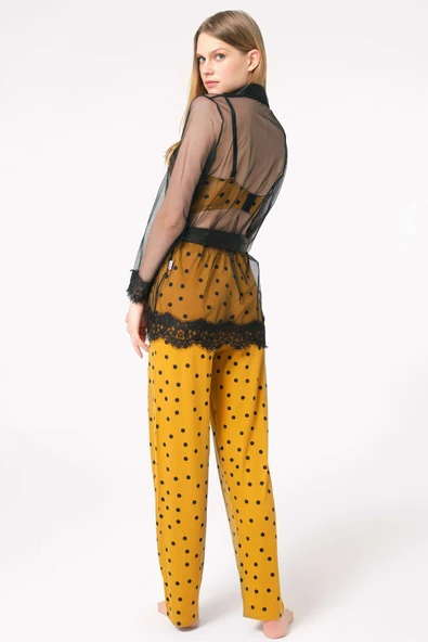 MAN5667 Kadın Tül Dantelli Sabahlık Balenli Destekli Dolgulu Puantiyeli Büstiyer Sütyen ve Pantolon Pijama 3lü Takım (5667) - Resim 2