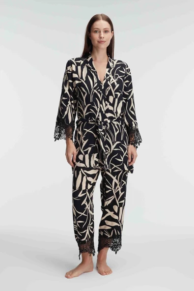 MAN5823 Anıl 5823 İp Askılı V Yaka Kadın Viskon Tropikal Yazlık Örme Dantel Detaylı Pijama Takımı Sabahlık - 5