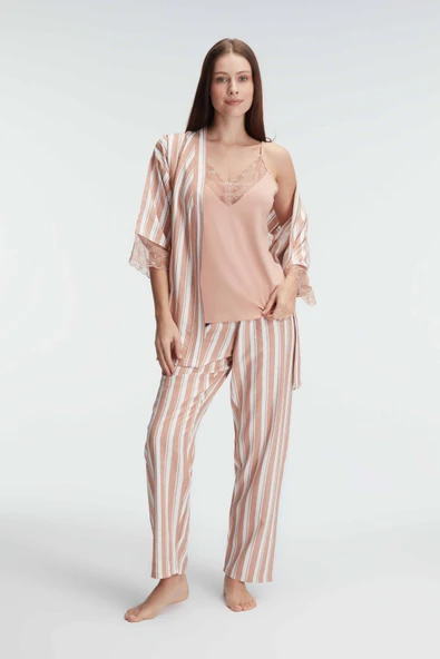 MAN5821 Anıl 5821 İp Askılı V Yaka Kadın Viskon Çizgili Desenli Yazlık Örme Pijama Takımı Sabahlık