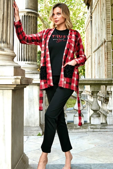 MAN5633 Kadın Ekose Yandan Cepli Sabahlık Göğüs Baskılı Uzun Kollu Sweatshirt ve Pantolon 3lü Takım (5633)