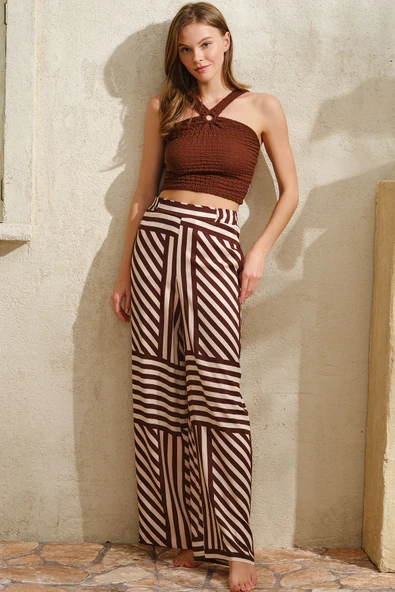 MAN9815 Boyundan Bağlamalı Kadın Çizgili Yazlık Uzun İp Detaylı Pijama Takımı Anıl 9815