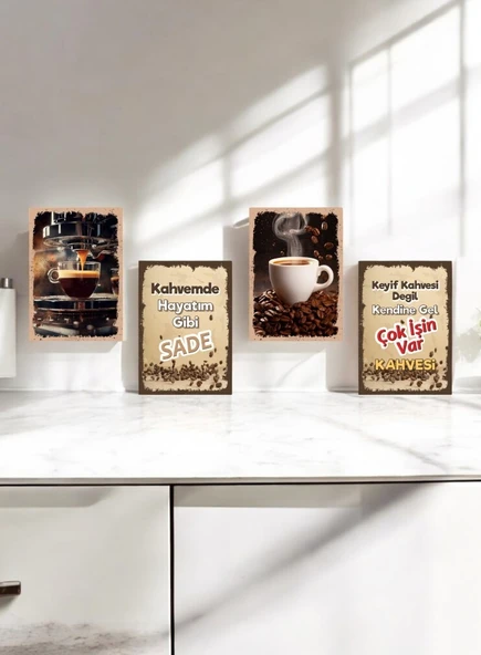 4 Parça Dekoratif A4 Mdf Tablo, Cafe Tabloları , Kahve Köşesi Tabloları , Duvar Tabloları , Çerçeve Görünümlü Dekoratif Hediyelik