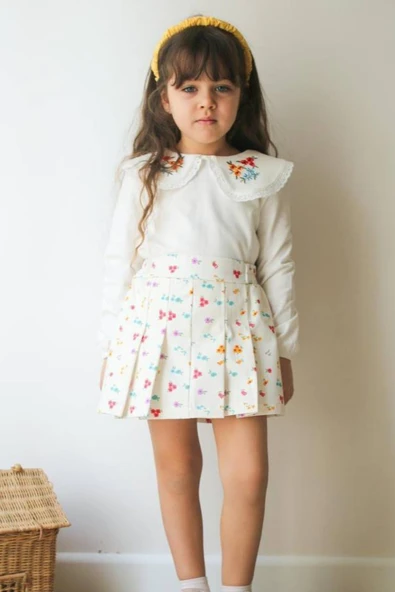 Yakası Renkli Çiçek Motifli Beyaz Kız Çocuk 2li Takım - 2