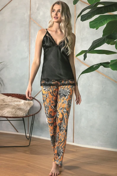 MAN5621 Kadın Saten Çiçek Baskılı Sabahlık Dantelli Atlet ve Pantolon Pijama 3lü Takım (5621) - 2
