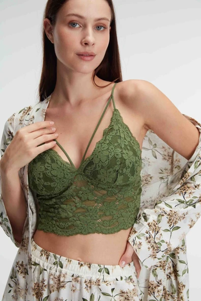 MAN5829 Anıl 5829 İp Askılı V Yaka Kadın Çiçek Desenli Yazlık Dokuma Dantel Detaylı Pijama Takımı Sabahlık - 6