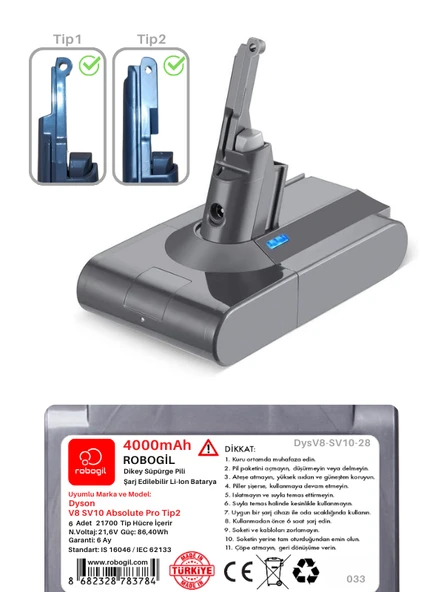 Dyson V8 SV10 Absolute Pro Tip24000mAh Uyumlu Pil Paketi / Bataryası DysV8-SV10-28 - 2