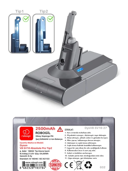 Dyson V8 SV10 Absolute Pro Tip22500mAh Uyumlu Pil Paketi / Bataryası DysV8-SV10-27 - Resim 2